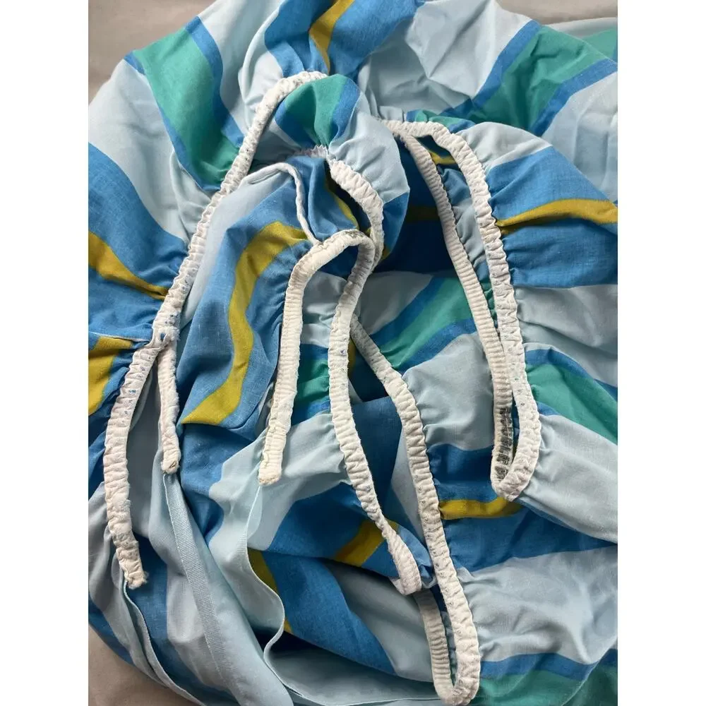 Sears Mixables Sierra Stripe Blue Double Bed Fitted Sheet 2 Pillowcases 1970s
